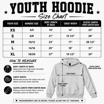 A youth hoodie size chart infographic showing a measurement table from XS to XL with numeric sizes, body length, chest width, and sleeve length. It includes a small how-to-measure section with icons and a gray hoodie illustration with labeled measurement lines.