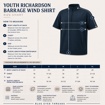 YOUTH RICHARDSON BARRAGE WIND SHIRT size chart with shirt and measurement guide on a white background.