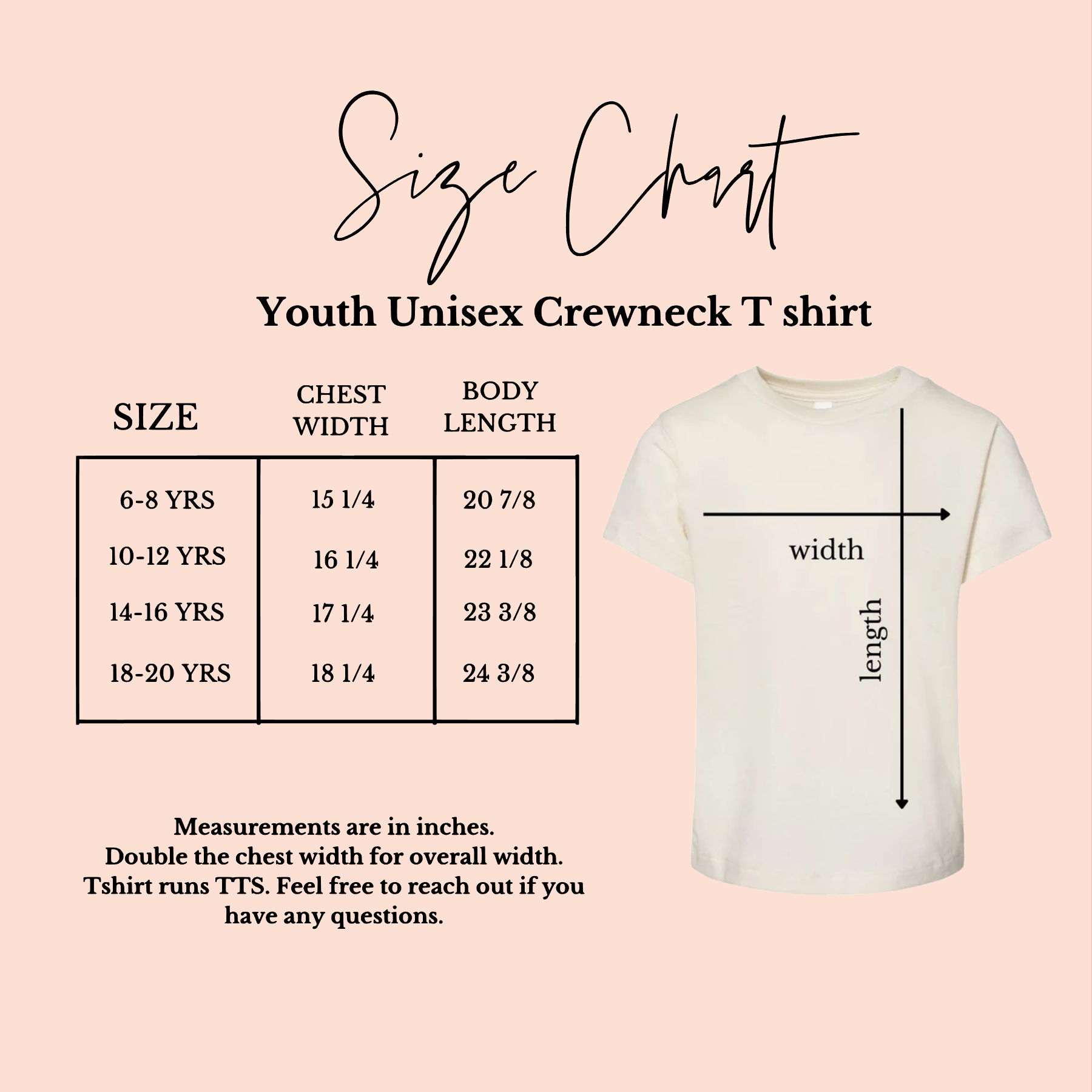 Size chart for youth unisex bella and canvas crewneck t-shirts with measurements.